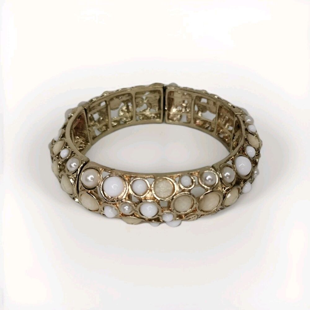 Vintage Gold Tone Bangle Bracelet Faux Pearls White Cabochons Panels Stretchy 1x